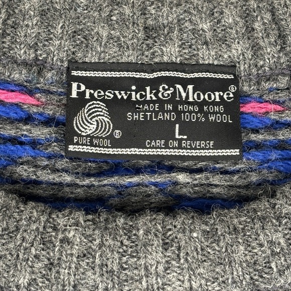 Vintage Preswick Moore Sweater Multicolor Geometric Wool Made In HongKong Sz L - Picture 4 of 8